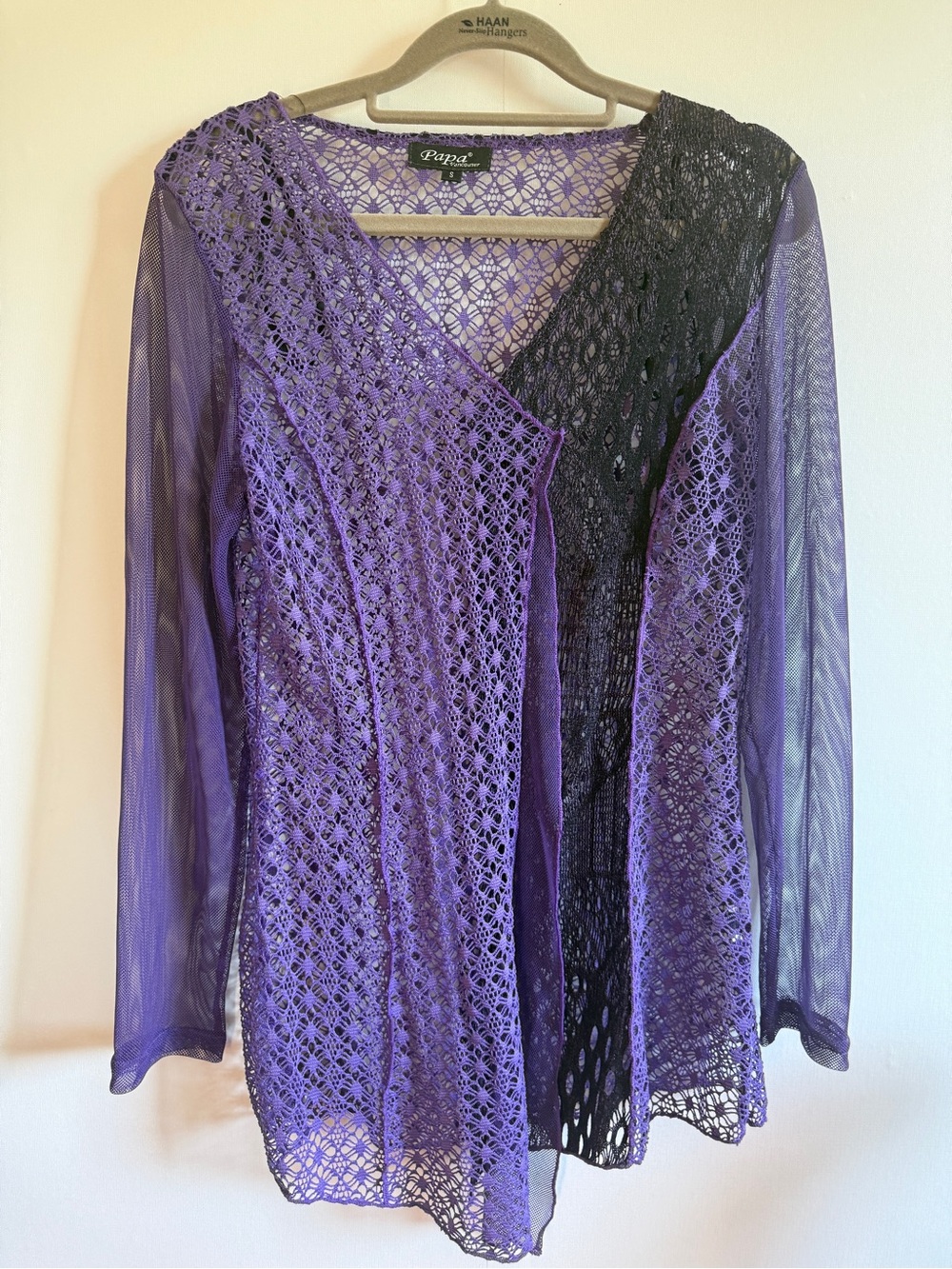 Papa Vancouver Purple Black Crochet Mesh Cardigan Boho Open Front Small